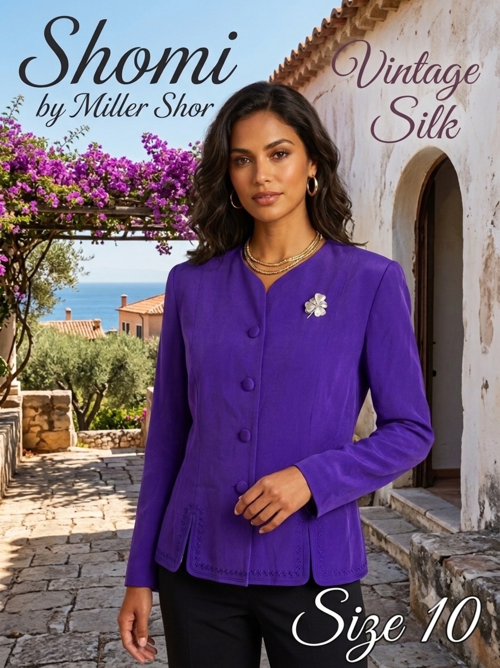 SHOMI Vintage Women's Purple 100% Silk Embroidered Blazer Jacket Sz 10 - Picture 1 of 16
